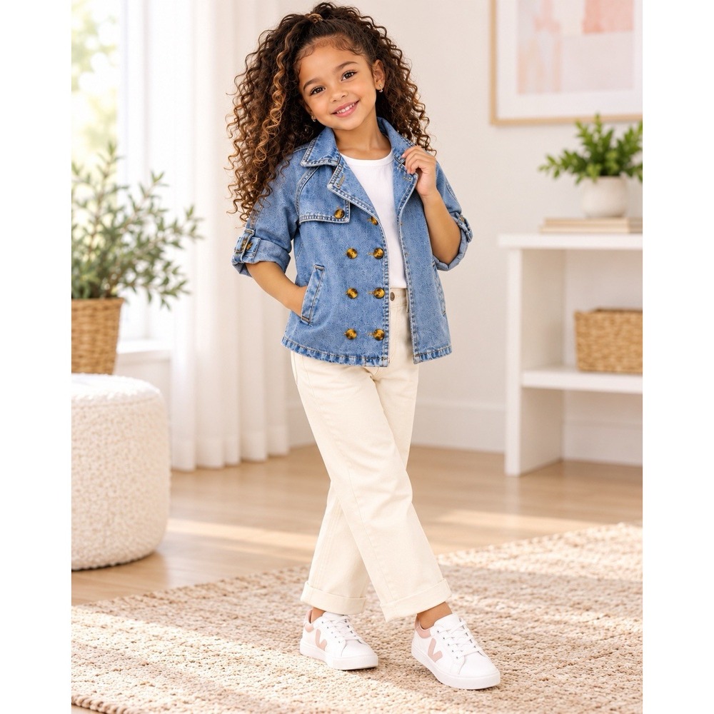 SHEIN Girls Size 4Y Blue Denim Double Breasted Jacket Trench Style Coat
